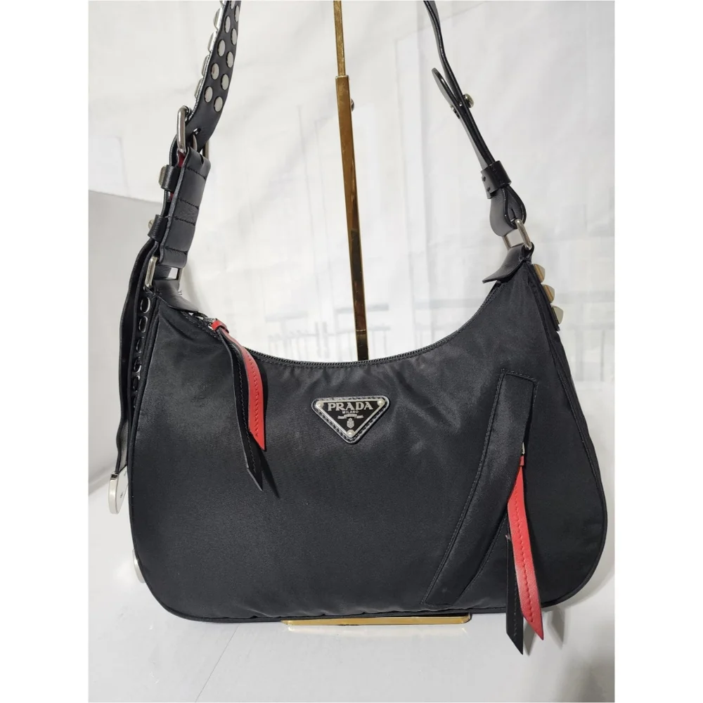 PRADA Tessuto Nylon Studded New Vela Hobo Bag Black